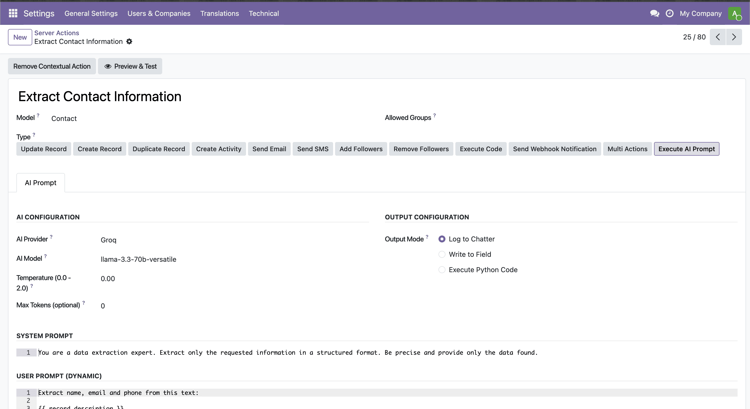 Configuración de una acción de servidor con AI Engine