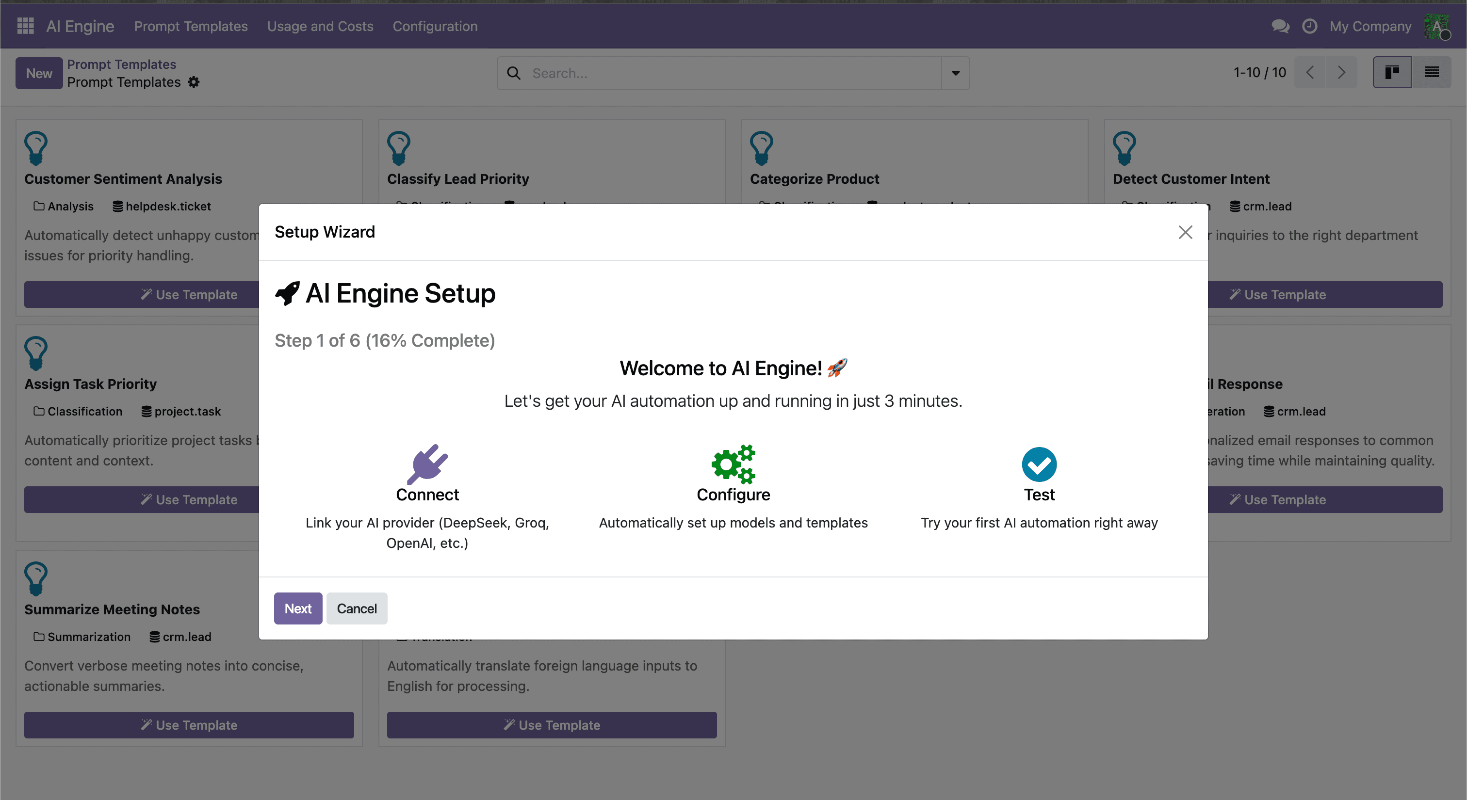 Asistente real de configuración de AI Engine en Odoo